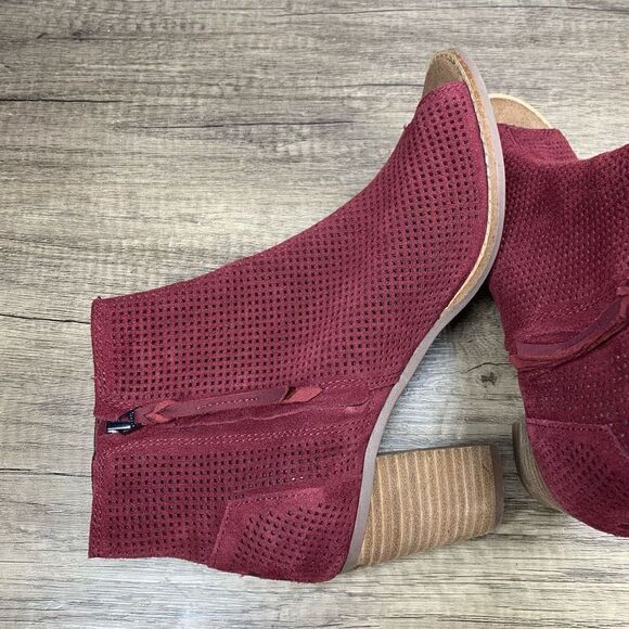 Toms~Women’s~”Majorca” Burgundy Suede Perforated Ankle Peep Toe Heel~Ss 9.5 - Picture 7 of 10